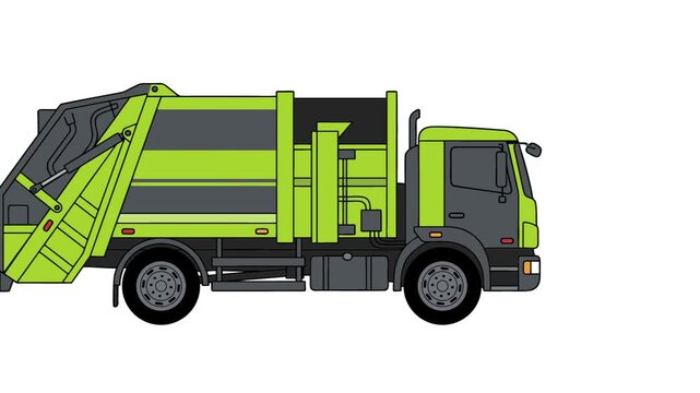 Bright green garbage truck with open rear compartment.