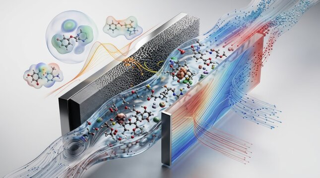 Molecular process stream with chemical structures and flow visualization