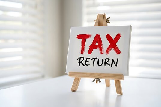 Canvas with "TAX RETURN" text on easel, bright background. Financial Planning and Investment concept