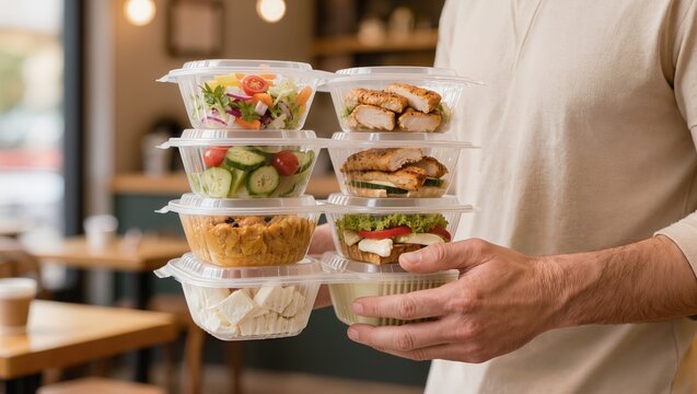 A person holding a stack of clear plastic takeaway containers filled with prepared meals, salads, and sandwiches for food delivery