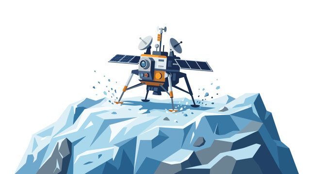 Deep space research probe landing on icy mountain surface for planetary exploration flat design vector illustration