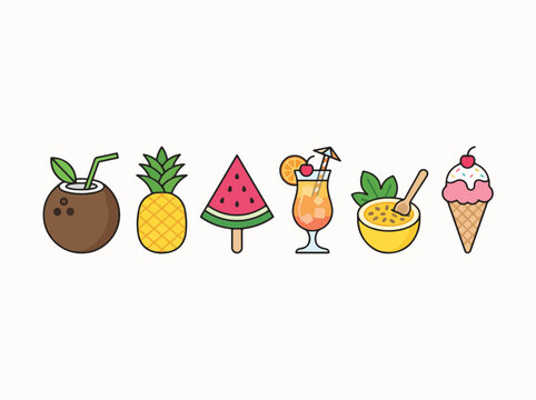 Tropical fruits and cocktail icons. Summer drink vector set for menu or party design.