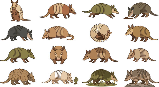Detailed flat vector set of armadillos in various positions and activities for nature and wildlife illustrations