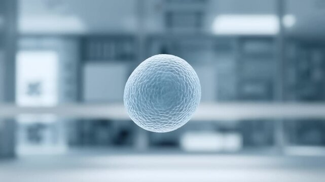 3D medical illustration of a single biological cell suspended in a blurred laboratory research clinic setting for scientific study