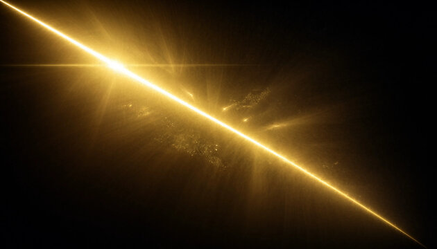 Abstract golden diagonal light effect with glowing lens flare isolated on a deep black background for design overlays