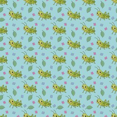 Cute Green Grasshopper with Hydrangea Petals Seamless Pattern Hand Drawn Watercolor Illustration
