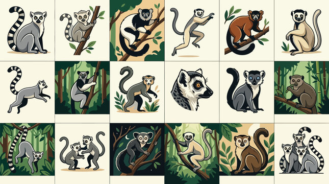 Detailed set of lemur character illustrations in flat vector style showing various poses and jungle environments
