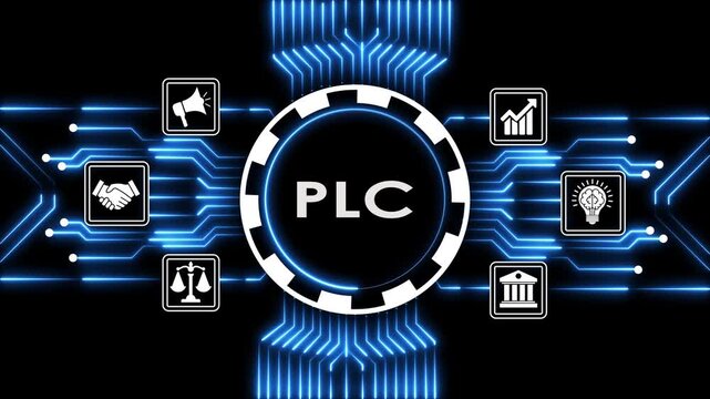 Abstract plc symbol on circuit board with business icons representing growth and innovation.