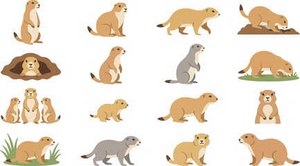Obraz premium Detailed set of sixteen prairie dog vector illustrations showcasing different behaviors and poses in flat style