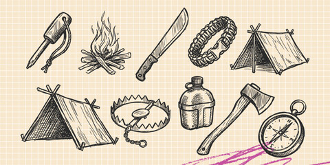 Hand drawn vintage black ink scribble doodle vector set of camping tent backpack and wilderness travel icons for creative graphic design © Broke Stoke