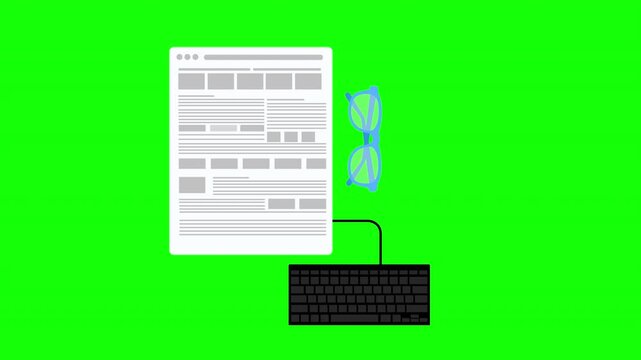 Flat Vector Online News Website Interface with Computer Keyboard and Eyeglasses on Green Screen Background