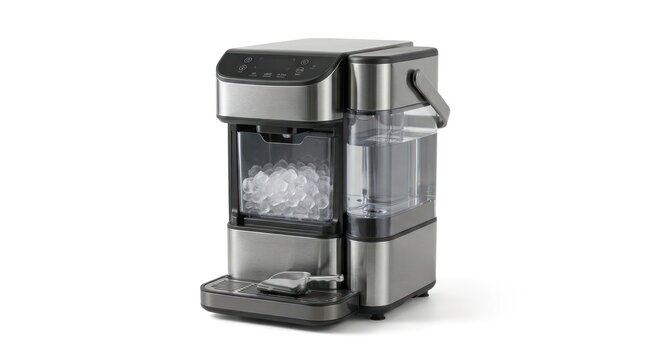 Modern compact ice maker machine with transparent water reservoir and metal finish