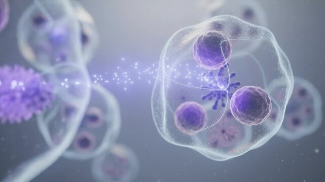 3D rendering of microscopic virus particles and cells in a digital scientific background