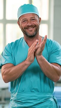 Confident Surgeon Smiling in Operating Room Setting with Professional Attire
