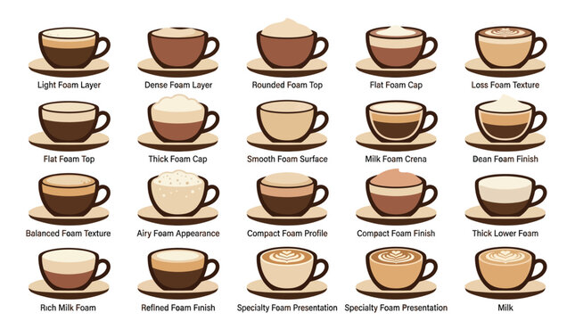 Educational chart showing different layers of milk foam on espresso coffee drinks with detailed text labels