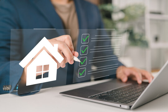 Real Estate Management, Professional Using Digital Technology and Online Tools for Property Analysis and Checklist in a Modern Workspace.