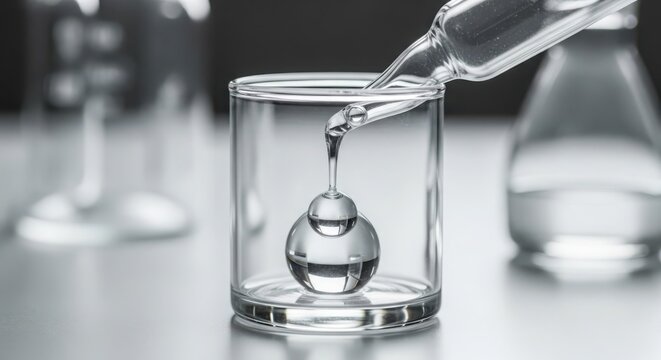 A clear liquid being carefully poured into a laboratory beaker, with a glass sphere submerged within.
