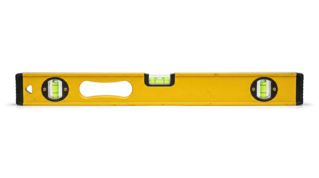 Yellow construction level tool with bubble vials on white background