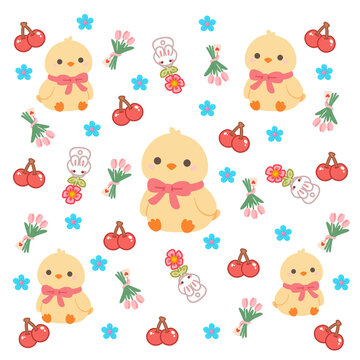 Seamless cute chick pattern with yellow chicks, cherries, tulip bouquets, rabbit charms, and blue flowers on white background, vector illustration