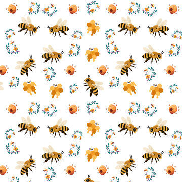 Seamless honey bee pattern with flying bees, honeycombs, beehives, and small flowers on white background, vector illustration