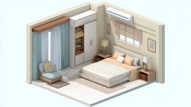 18.Isometric 3D master bedroom layout with clean geometric perspective, large double bed with pillows centered, two matching bedside tables with lamps, spacious wardrobe along wall, single accent