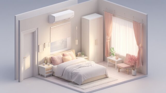 20.Isometric cutaway view of master bedroom space, neatly made bed, two bedside tables holding small decor, large wardrobe opposite bed, single chair by window, layered fabric curtain and roller