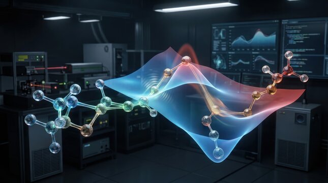 Scientific research laboratory with molecular model and data visualization