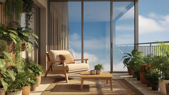 Cozy balcony with wooden furniture and lush green plants under natural sunlight on a bright day