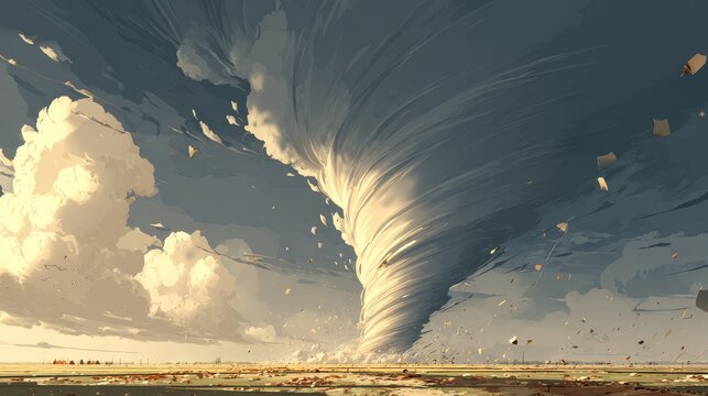 27.Swirling animated tornado funnel moving across landscape, wide rotating cloud base, curved lines showing rapid spin, scattered debris and wind streaks, moody dark sky with patches of light,