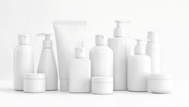 Minimalist white cosmetic packaging set for skincare and beauty branding mockup