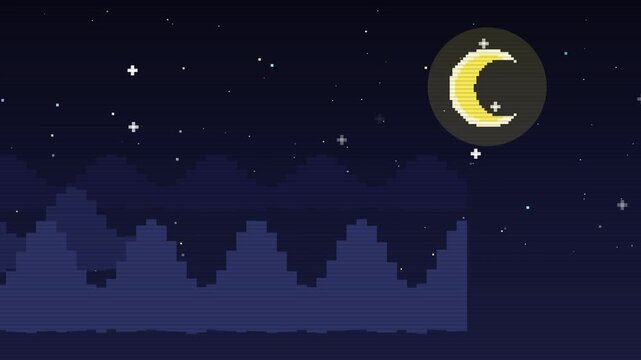 Pixel art night landscape with yellow crescent moon and starry sky over dark silhouette forest background