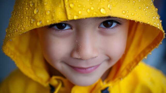 39.Portrait of smiling kid in hooded yellow raincoat, rain falling all around, droplets on face and fabric, shallow depth of field making background softly washed out, bright cheerful emotion despite