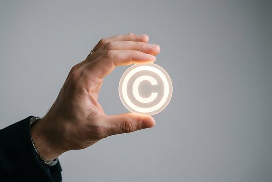 Hand holding illuminated copyright symbol, representing intellectual property and brand protection.