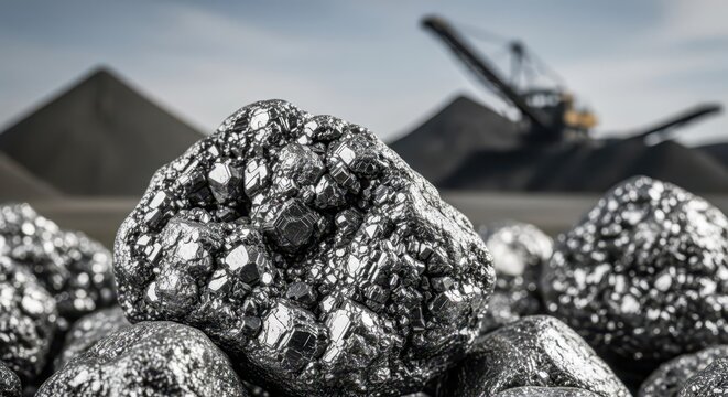 Close-up view of raw lead concentrate metal ore, showcasing its crystalline texture and metallic luster against an industrial mining background.