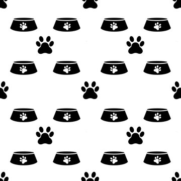 Seamless pattern of dog paw print and pet food bowl. Animal footprint pattern background. Animal step print illustration background. Pet care themed background