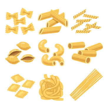Italian pasta types vector set, dry macaroni collection including farfalle, penne, fusilli, conchiglie, elbow, rigatoni, ravioli, fettuccine, and spaghetti isolated on white background