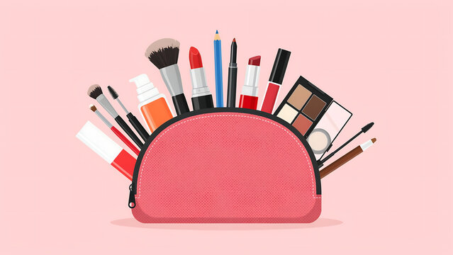Pink makeup bag open with various beauty products and cosmetics