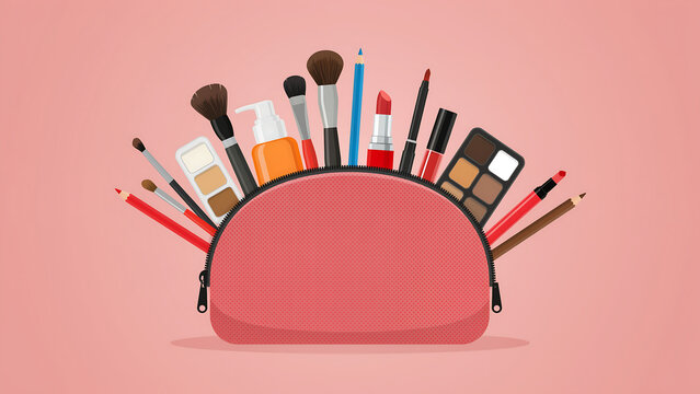 Full cosmetic pouch with makeup brushes and beauty supplies cosmetic products