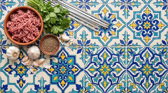 Top down view of Pakistani Seekh Kebab ingredients on Multani blue pottery