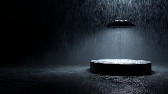 64.3D product stage with umbrella acting as cover, monsoon scene with heavy rain and clouds, wet surface shine, gentle mist, focused light on podium, dark atmospheric background, dramatic