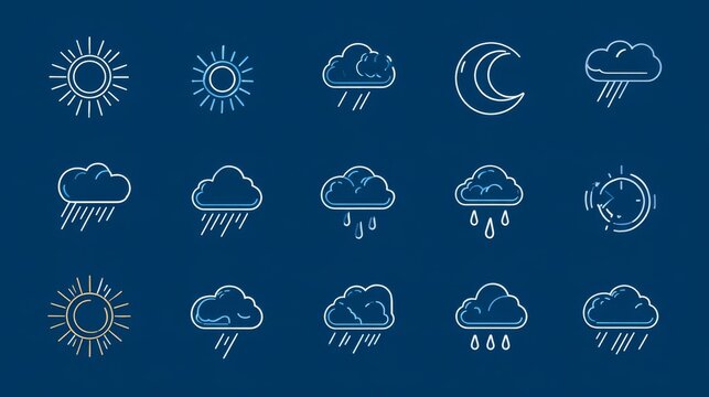 75.Modern flat weather icon collection in cool blue tones, outlined graphics of sun, moon, clouds, rain, storm and humidity, simple vector shapes, minimalistic composition, clear negative space,