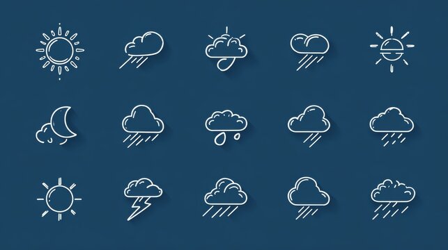 75.Modern flat weather icon collection in cool blue tones, outlined graphics of sun, moon, clouds, rain, storm and humidity, simple vector shapes, minimalistic composition, clear negative space,