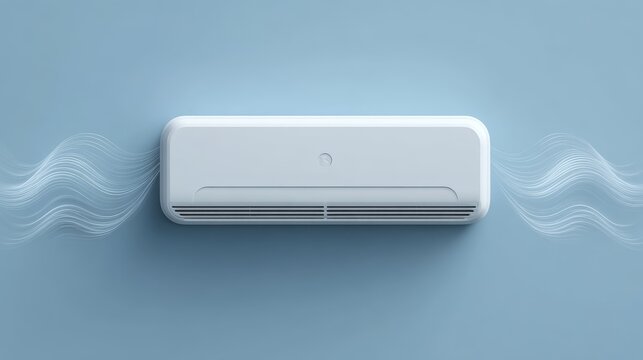 83.Minimal 3D icon of wall air conditioner, smooth monochrome surfaces, front grille detail, stylized airflow curves, soft ambient lighting, isolated on plain background, modern simplified appliance