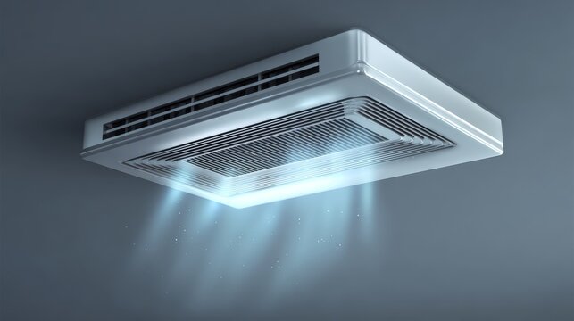 85.Three-dimensional air conditioner emblem rendered in minimal style, crisp rectangular unit with vent slits, symbolic breeze effect illustrated beneath, neutral background, soft shadow grounding,