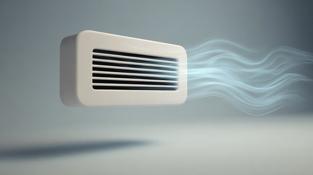 85.Three-dimensional air conditioner emblem rendered in minimal style, crisp rectangular unit with vent slits, symbolic breeze effect illustrated beneath, neutral background, soft shadow grounding,