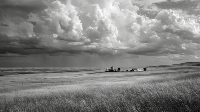 93.Expansive North Dakota prairie with rolling fields and isolated farm structures, towering cumulonimbus clouds building overhead, streaks of distant rainfall visible against muted sky, foreground