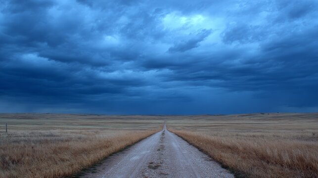 94.Lonely gravel road cutting through endless prairie leading toward distant rainstorm, brooding sky filled with layered storm clouds, soft blue-gray tones, sunlight faintly illuminating horizon