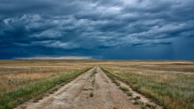 94.Lonely gravel road cutting through endless prairie leading toward distant rainstorm, brooding sky filled with layered storm clouds, soft blue-gray tones, sunlight faintly illuminating horizon