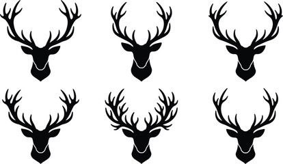 Deer head black icons set with large antlers for hunting trophy stag buck reindeer vector illustration © MdRakib