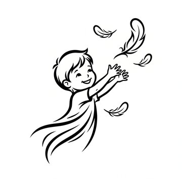 Happy Boy Reaching for Falling Feathers - Playful Child Illustration Symbolizing Joy and Innocence
